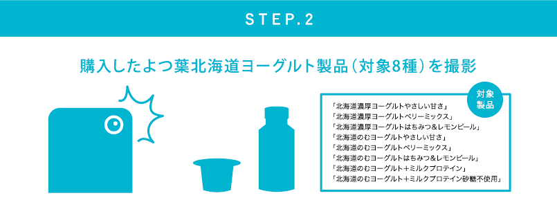 STEP2 購入したよつ葉北海道ヨーグルト製品（対象8種）を撮影 「北海道濃厚ヨーグルトやさしい甘さ」「北海道濃厚ヨーグルトベリーミックス」 「北海道濃厚ヨーグルトはちみつ＆レモンピール」 「北海道のむヨーグルトやさしい甘さ」 「北海道のむヨーグルトベリーミックス」 「北海道のむヨーグルトはちみつ＆レモンピール」 「北海道のむヨーグルト＋ミルクプロテイン」 「北海道のむヨーグルト＋ミルクプロテイン砂糖不使用」